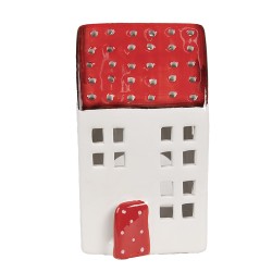 Clayre & Eef Theelichthouder Huis 8x8x15 cm Wit Rood Kunststof