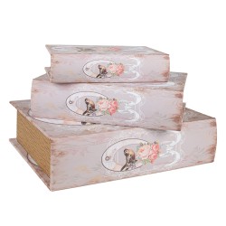 Clayre & Eef Storage Box Set of 3 Books 27/22/17 cm Pink Wood Bird