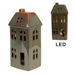 Clayre & Eef Decorative House with LED 7x6x15 cm Green Porcelain