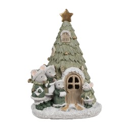 Clayre & Eef Decoratie Huis met LED Kerstboom 12x11x17 cm Groen Kunststof Muis