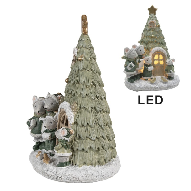 Clayre & Eef Decoratie Huis met LED Kerstboom 12x11x17 cm Groen Kunststof Muis