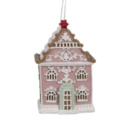 Clayre & Eef Christmas Ornament Gingerbread house 6x4x9 cm Pink Plastic
