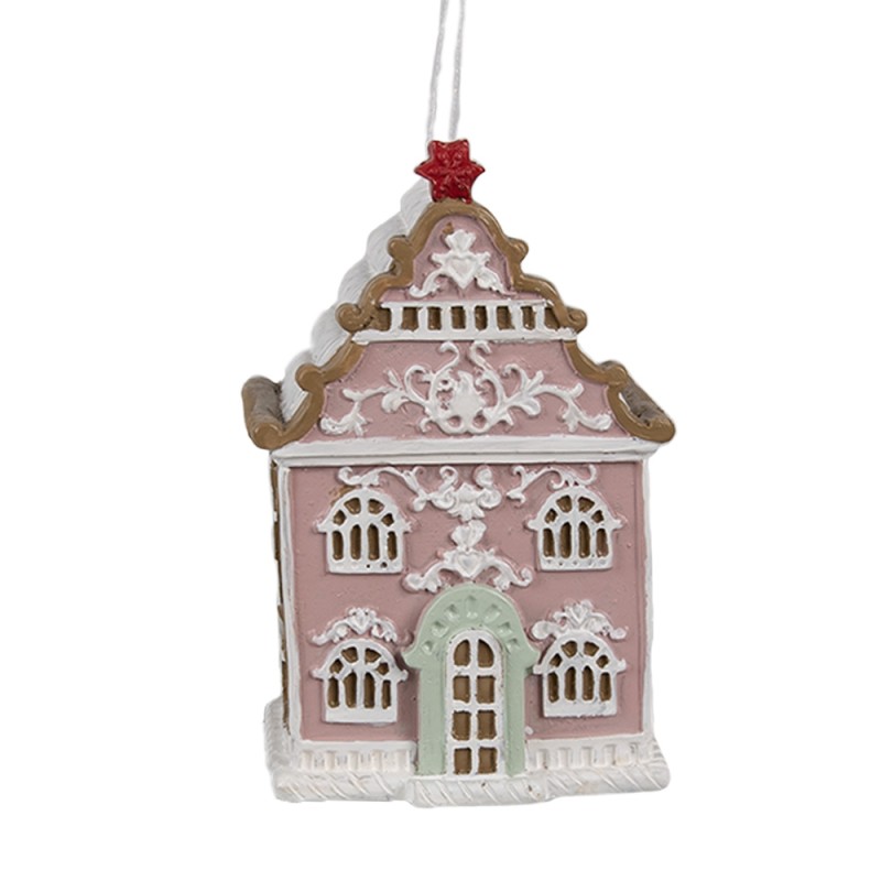 Clayre & Eef Kersthanger Gingerbread house 6x4x9 cm Roze Kunststof