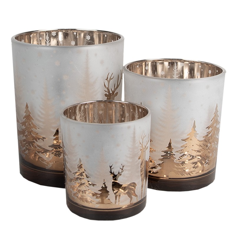 Clayre & Eef Tealight Holder Set of 3 White Gold colored Glass Deer