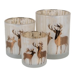 Clayre & Eef Tealight Holder Set of 3 White Gold colored Glass Deer