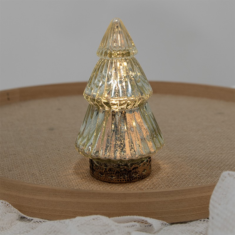 Clayre & Eef Christmas Decoration with LED Lighting Christmas Tree Ø 8x14 cm Gold colored Glass