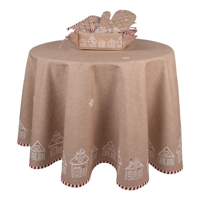 Clayre & Eef Tablecloth Ø 170 cm Brown Cotton Round Gingerbread house