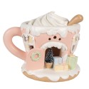 Clayre & Eef Decoratie Huis met LED Koffiepot 15 cm Roze Kunststof Gingerbread house