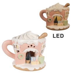 Clayre & Eef Dekoratives Haus mit LED Kaffeekanne 15 cm Rosa Kunststoff Lebkuchenhaus