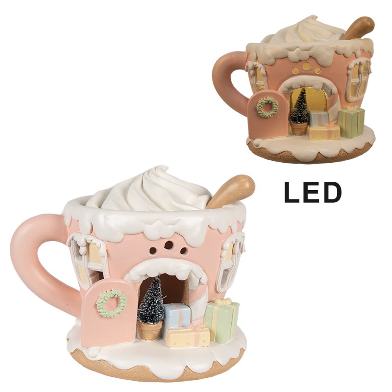 Clayre & Eef Decorative House with LED Coffee Pot 15 cm Pink Plastic Gingerbread house