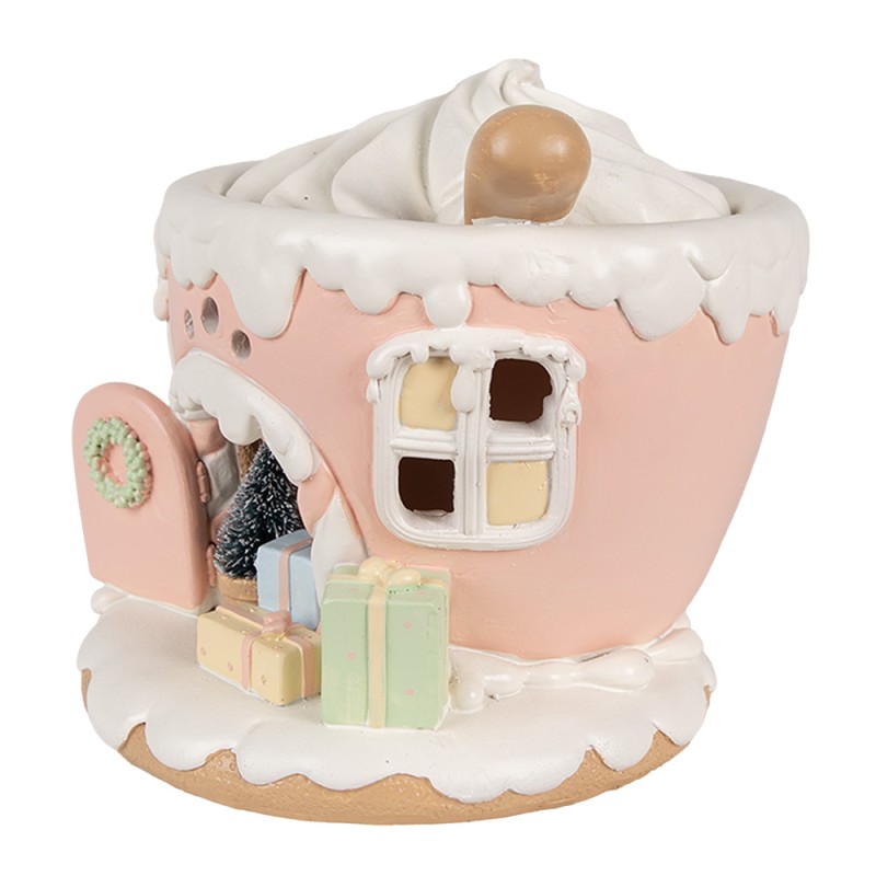 Clayre & Eef Decorative House with LED Coffee Pot 15 cm Pink Plastic Gingerbread house