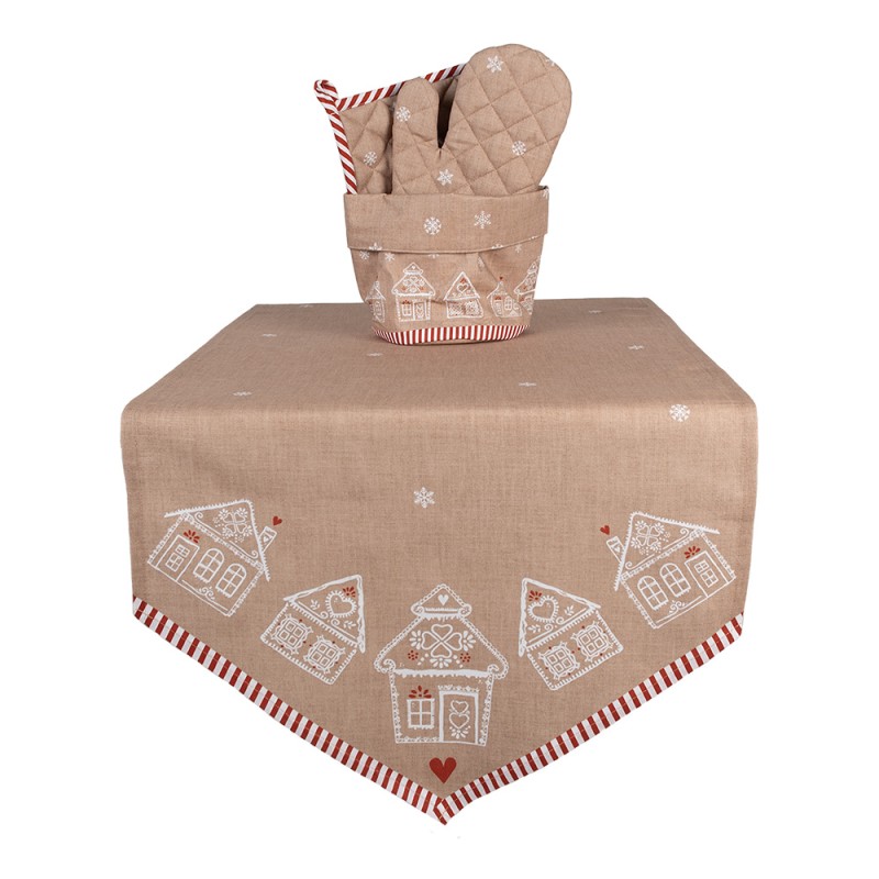 Clayre & Eef Table Runner 50x160 cm Brown Cotton Gingerbread house