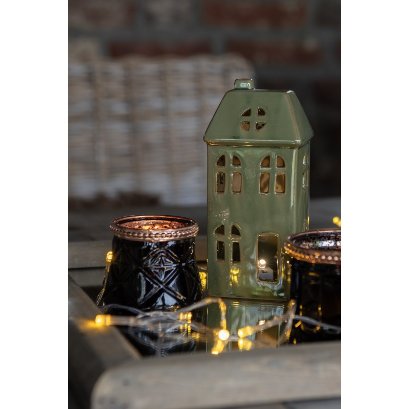 Clayre & Eef Decorative House with LED 7x6x15 cm Green Porcelain