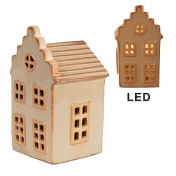 Clayre & Eef Decorative House with LED 6x6x11 cm Beige Porcelain