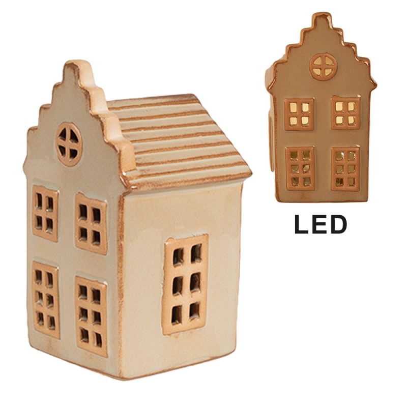 Clayre & Eef Dekoratives Haus mit LED 6x6x11 cm Beige Porzellan