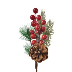 Clayre & Eef Decorative Branch 25 cm Red Green Plastic Pinecones