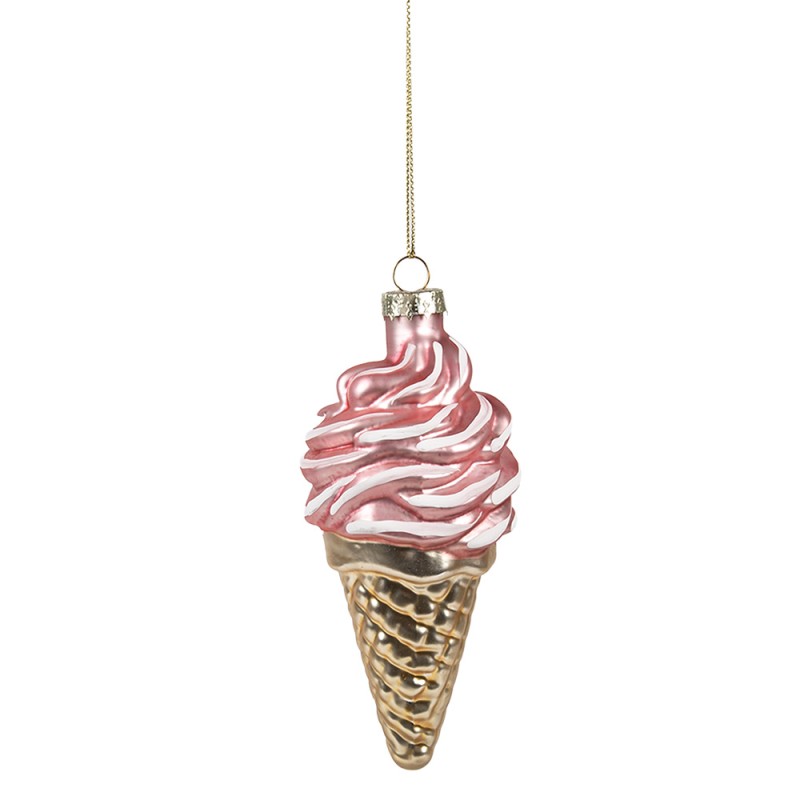 Clayre & Eef Christmas Ornament Ø 7x14 cm Pink Gold colored Glass Ice Cream