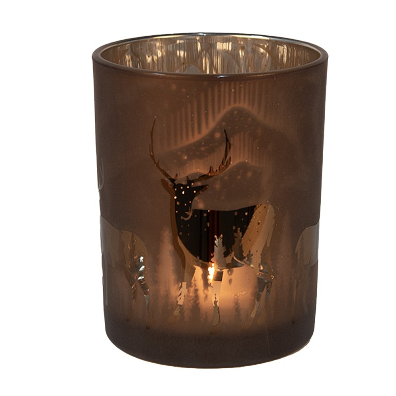 Clayre & Eef Tealight Holder Ø 10x12 cm Brown Glass Deer