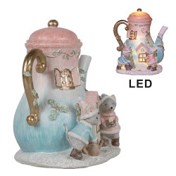 Clayre & Eef Décorative Maison avec LED Théière 15x12x16 cm Bleu Rose Plastique Souris