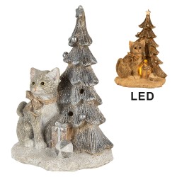 Clayre & Eef Figurine Cat 12x9x16 cm LED Grey White Polyresin