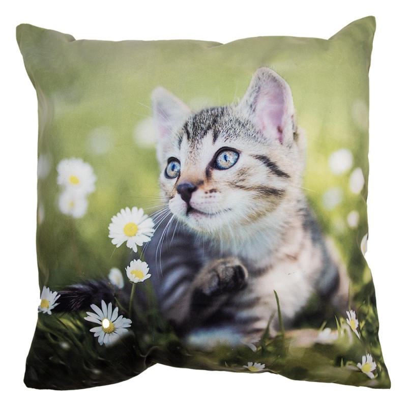 Clayre & Eef Kussenhoes 45x45 cm Groen Polyester Kat