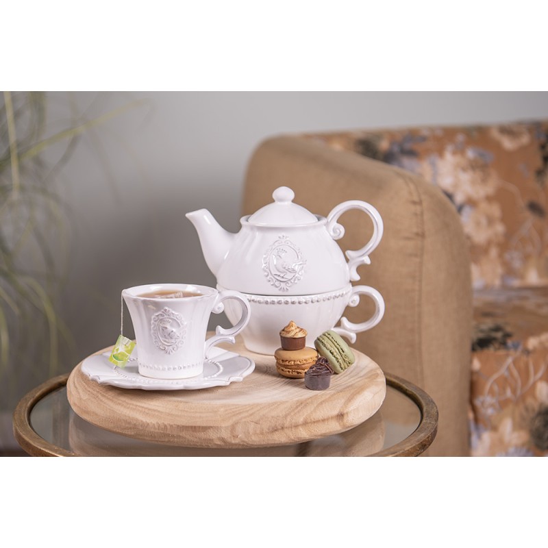 Clayre & Eef Kop en schotel set van 6 stuks schotel  125 ml Wit Keramiek Rond Servies