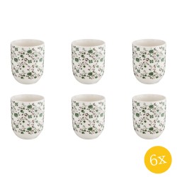 Clayre & Eef Mok  set van 6 stuks  100 ml Wit Groen Porselein Rond Bloemen Theemok