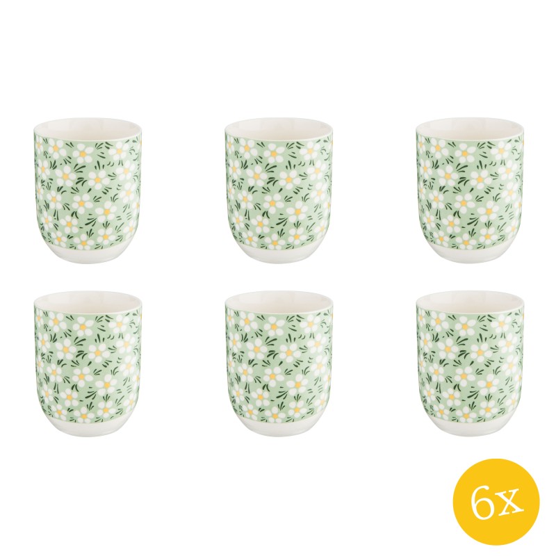 Clayre & Eef Mok  set van 6 stuks  100 ml Groen Porselein Rond Bloemen Theemok