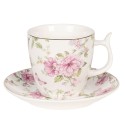 Clayre & Eef Kop en schotel set van 6 stuks schotel  160 ml Roze Wit Porselein Bloemen Servies