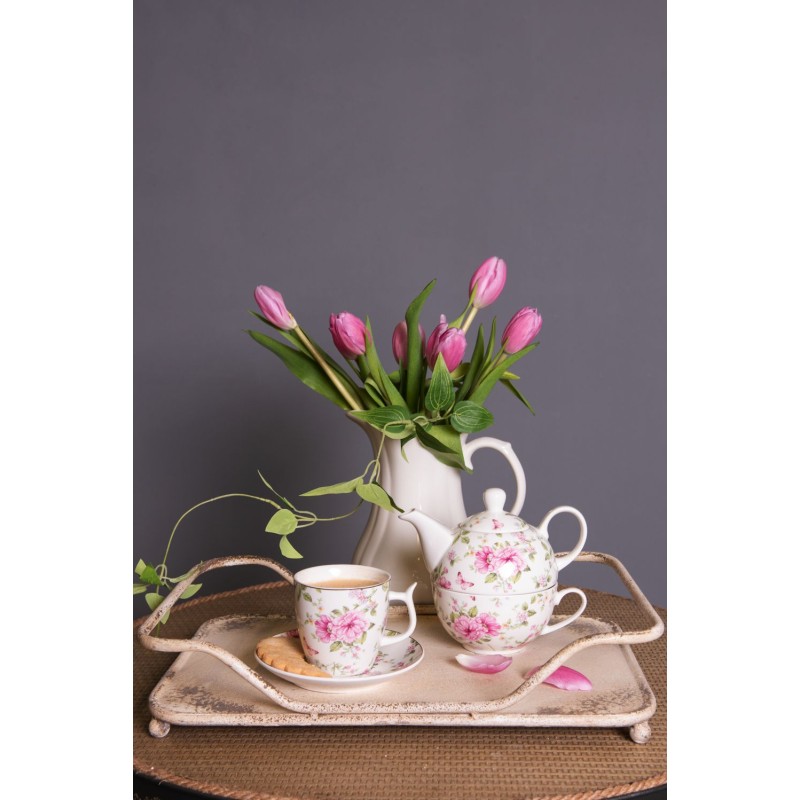 Clayre & Eef Kop en schotel set van 6 stuks schotel  160 ml Roze Wit Porselein Bloemen Servies