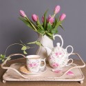 Clayre & Eef Kop en schotel set van 6 stuks schotel  160 ml Roze Wit Porselein Bloemen Servies