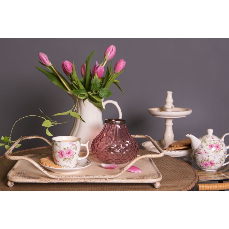 Clayre & Eef Kop en schotel set van 6 stuks schotel  160 ml Roze Wit Porselein Bloemen Servies