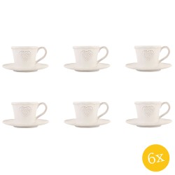 Clayre & Eef Kop en schotel set van 6 stuks schotel  220 ml Beige Keramiek Rond Hart Servies