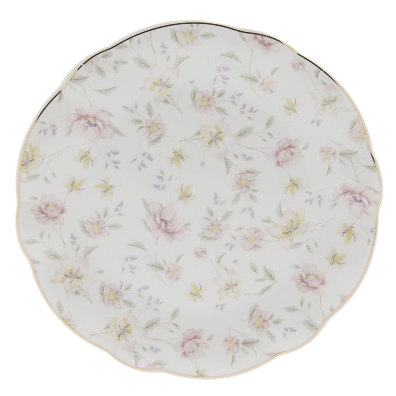 Clayre & Eef Dinerbord  set van 6 stuks  Ø 26 cm Wit Roze Porselein Rond Bloemen Eetbord