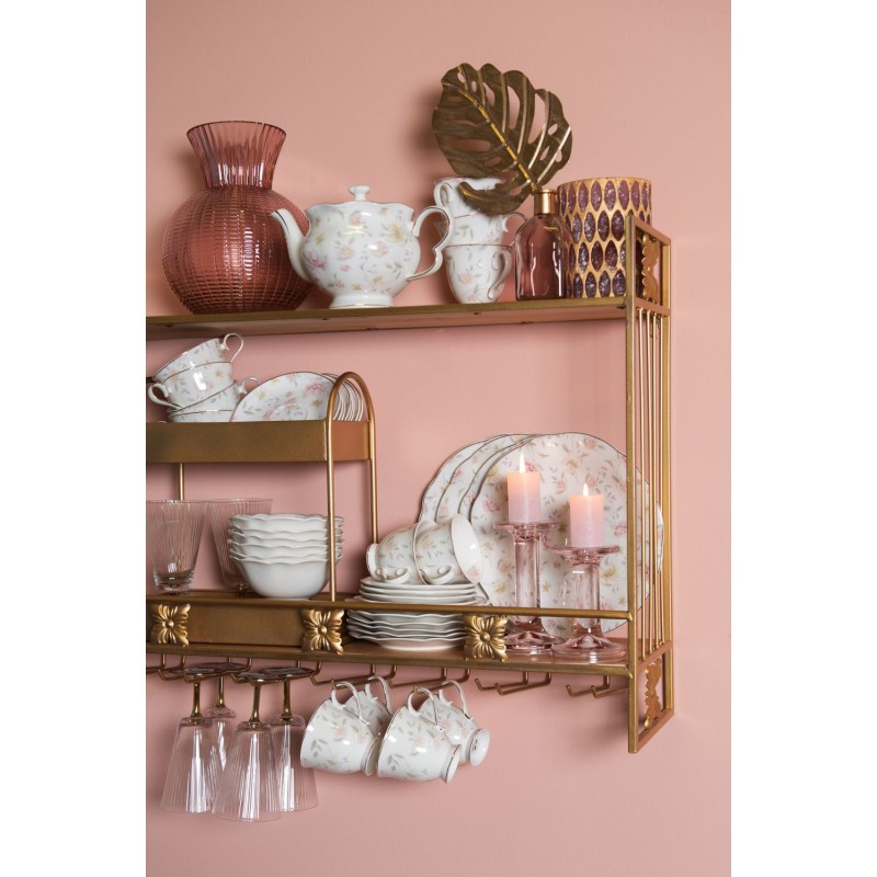 Clayre & Eef Dinerbord  set van 6 stuks  Ø 26 cm Wit Roze Porselein Rond Bloemen Eetbord