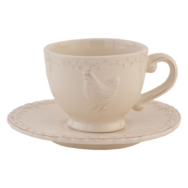 Clayre & Eef Kop en schotel set van 6 stuks schotel  200 ml Beige Keramiek Rond Kip Servies