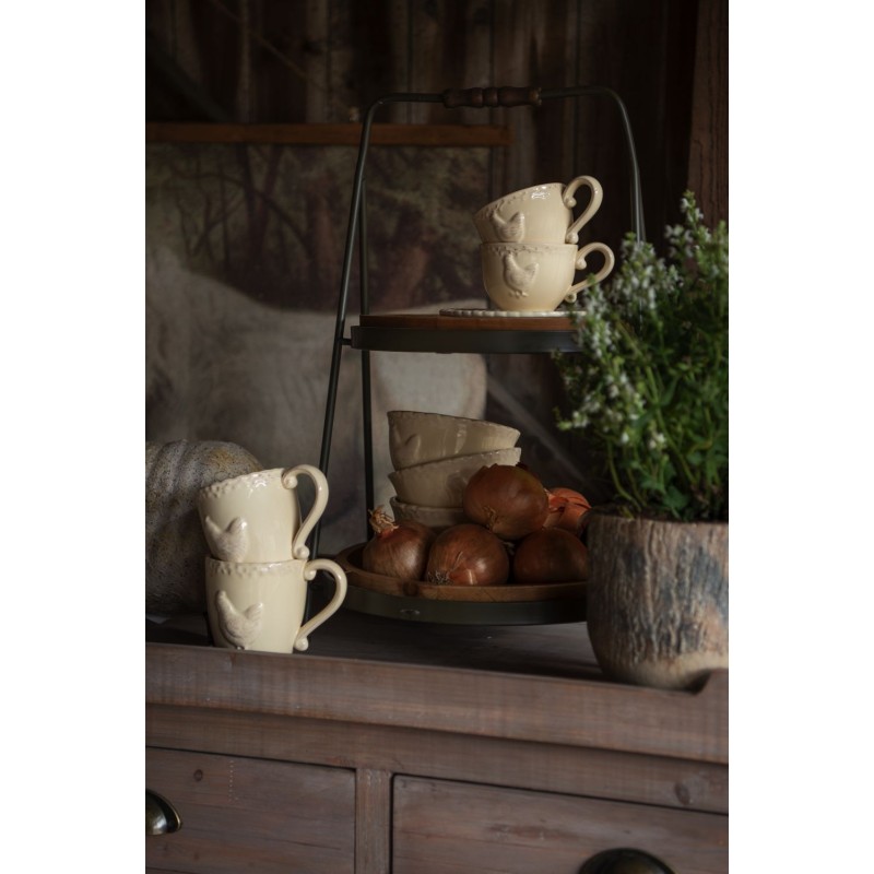 Clayre & Eef Kop en schotel set van 6 stuks schotel  200 ml Beige Keramiek Rond Kip Servies