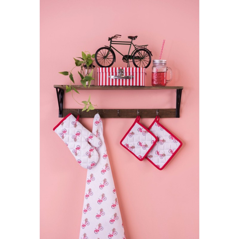 Clayre & Eef Theedoek  set van 6 stuks  50x70 cm Rood Wit Katoen Fiets Keukenhanddoek