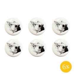 Clayre & Eef Deurknop  set van 6 stuks  Ø 4 cm Wit Keramiek Rond Hond Meubelknop