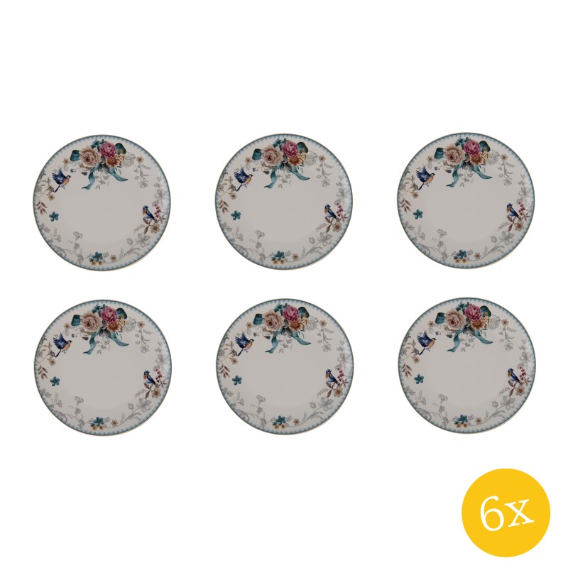 Clayre & Eef Dinerbord  set van 6 stuks  Ø 26 cm Wit Roze Porselein Rond Bloemen Eetbord