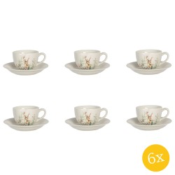 Clayre & Eef Kop en schotel set van 6 stuks schotel  200 ml Wit Keramiek Rond Hert Servies