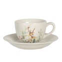 Clayre & Eef Kop en schotel set van 6 stuks schotel  200 ml Wit Keramiek Rond Hert Servies