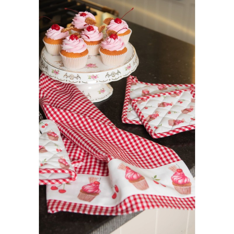 Clayre & Eef Theedoek  set van 6 stuks  50x70 cm Rood Wit Katoen Cupcakes Vaatdoek