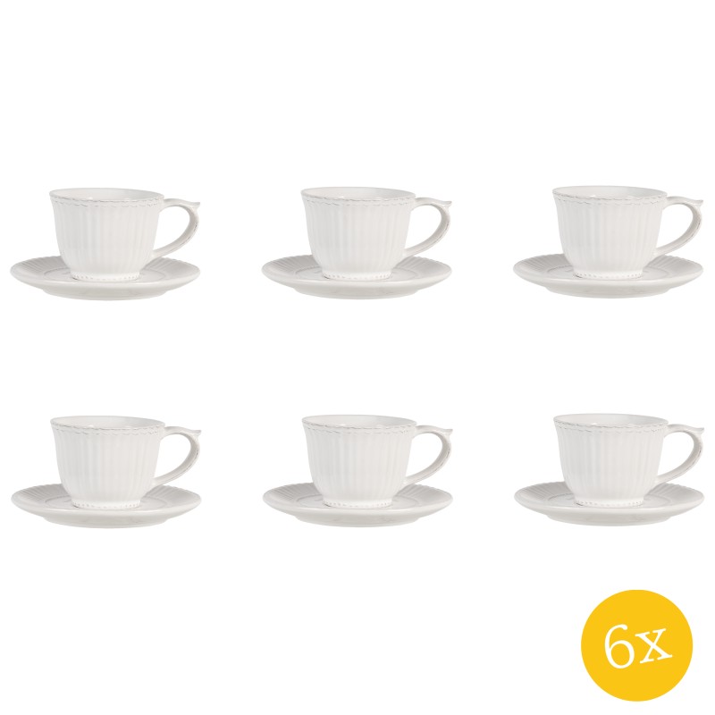 Clayre & Eef Kop en schotel set van 6 stuks schotel  150 ml Wit Dolomiet Rond Servies