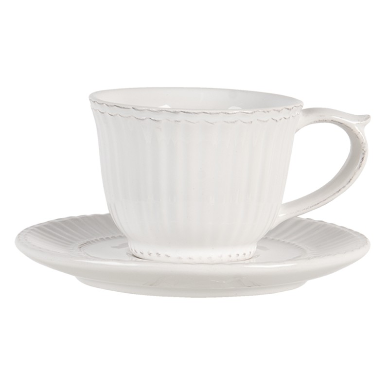 Clayre & Eef Kop en schotel set van 6 stuks schotel  150 ml Wit Dolomiet Rond Servies