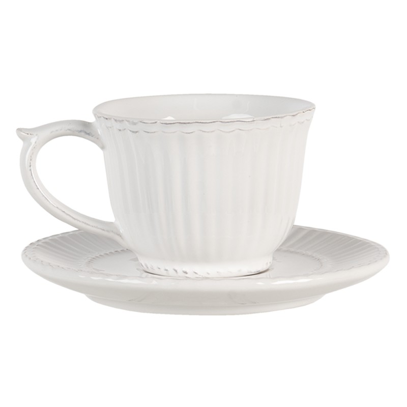 Clayre & Eef Kop en schotel set van 6 stuks schotel  150 ml Wit Dolomiet Rond Servies