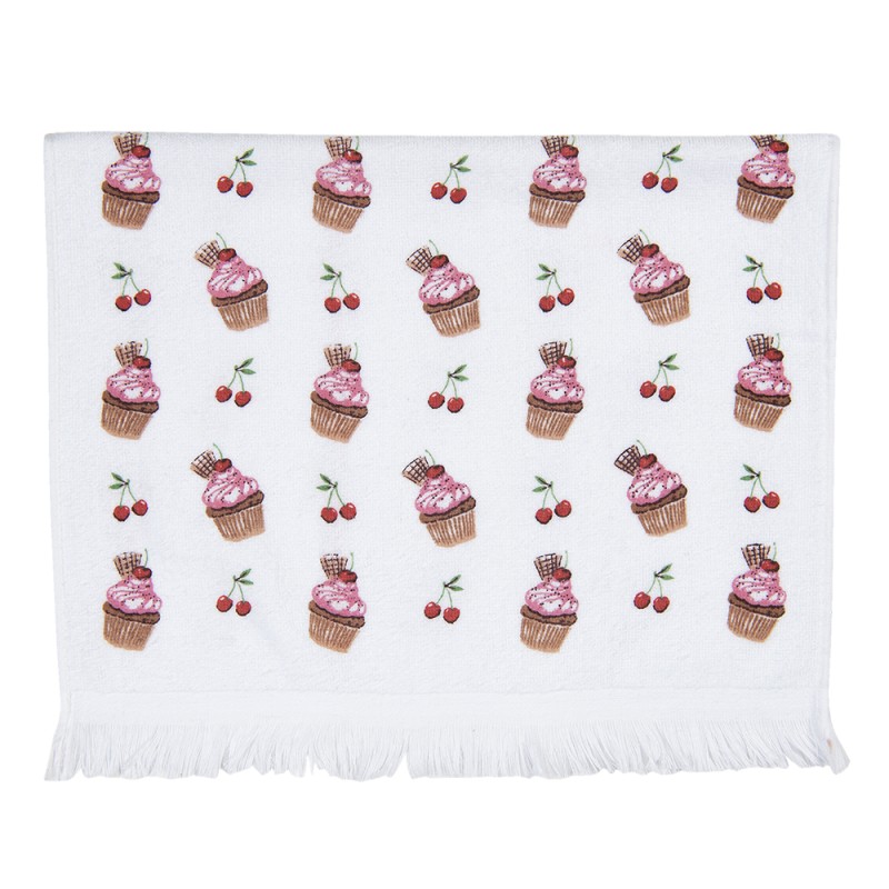 Clayre & Eef Gastendoekje  set van 6 stuks  40x66 cm Wit Roze Katoen Rechthoek Cupcake Toilet Handdoek