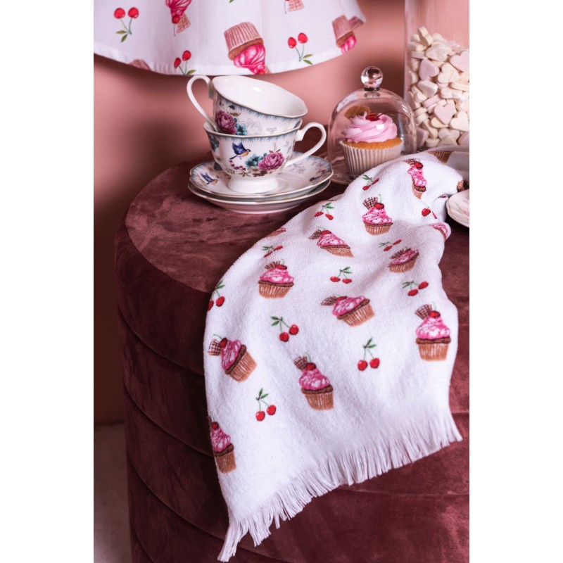 Clayre & Eef Gastendoekje  set van 6 stuks  40x66 cm Wit Roze Katoen Rechthoek Cupcake Toilet Handdoek