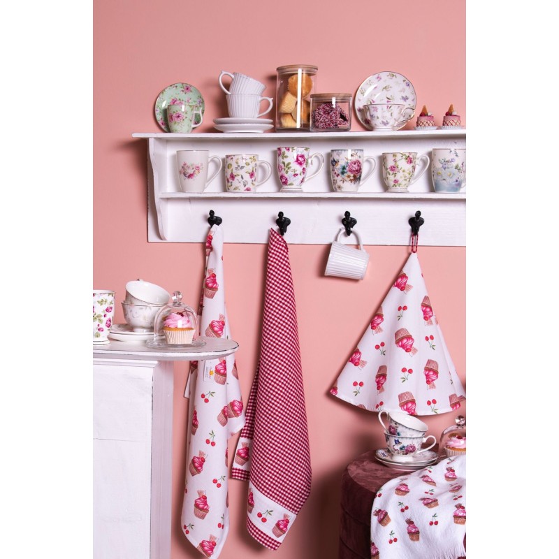 Clayre & Eef Gastendoekje  set van 6 stuks  40x66 cm Wit Roze Katoen Rechthoek Cupcake Toilet Handdoek