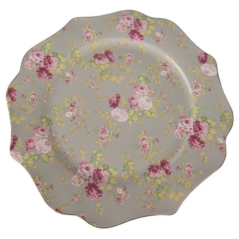 Clayre & Eef Dinerbord  set van 6 stuks  Ø 28 cm Groen Keramiek Rond Bloemen Eetbord